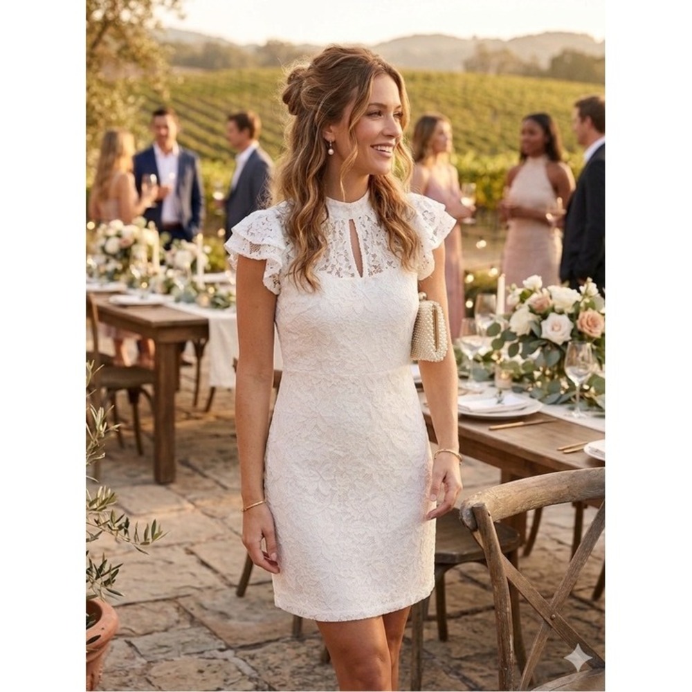 NWT Lulus White Lace Mock Neck Flutter Dress XS‎ Bridal Coquette Elegant